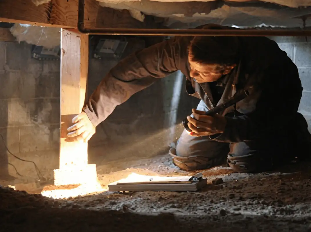A professional inspecting wooden beams under the floor of a structure in Las Vegas, NV